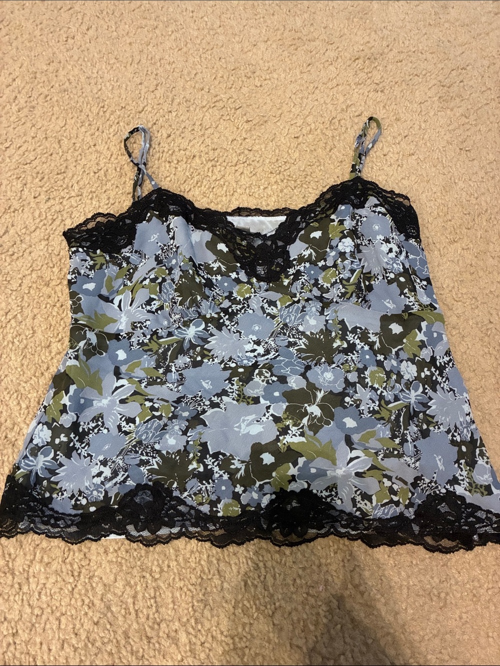 Ann Taylor Silk Floral Lace-Trim Camisole - Blue & Olive